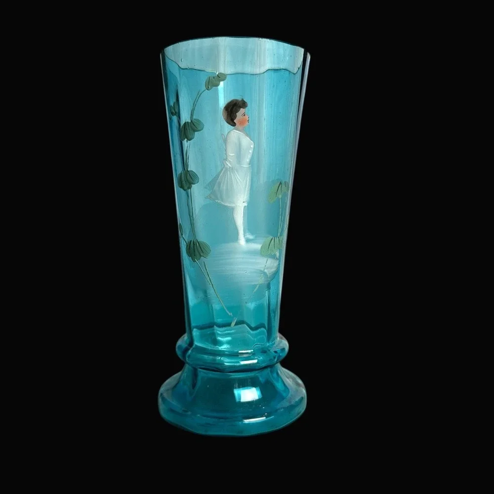 Antique Mary Gregory Turquoise‎ Blue Art Glass Vase Hand Painted Girl 6.5